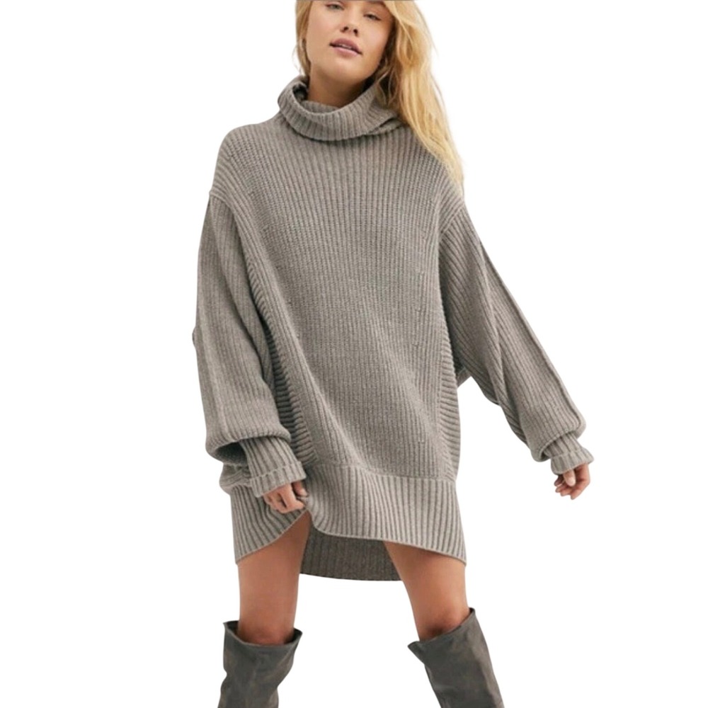 Free People Cocoa Cowl Turtleneck Sweater Gray Oversized Chunky Knit Tunic S